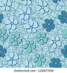 Seamless pattern. Flowers depicted in a hurry and are located chaotically. Against the background of a network of chaotically scattered squares.