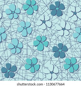Seamless pattern. Flowers depicted in a hurry and are located chaotically. Against the background of a network of chaotically scattered squares.