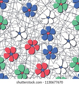 Seamless pattern. Flowers depicted in a hurry and are located chaotically. Against the background of a network of chaotically scattered squares.