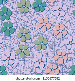 Seamless pattern. Flowers depicted in a hurry and are located chaotically. Against the background of a network of chaotically scattered squares.