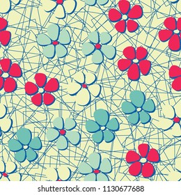 Seamless pattern. Flowers depicted in a hurry and are located chaotically. Against the background of a network of chaotically scattered squares.