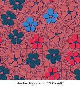 Seamless pattern. Flowers depicted in a hurry and are located chaotically. Against the background of a network of chaotically scattered squares.
