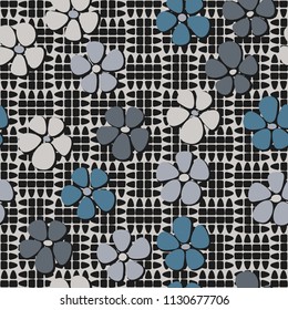 Seamless pattern. Flowers depicted in a hurry and are located chaotically. Against the backdrop of a picture consisting of divided ovals.