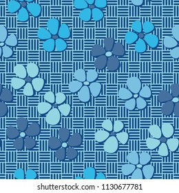 Seamless pattern. Flowers depicted in a hurry and are located chaotically. Against the background of a network of striped squares forming a chess texture.