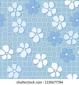 Seamless pattern. Flowers depicted in a hurry and are located chaotically. Against the background of a network of striped squares forming a chess texture.
