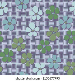 Seamless pattern. Flowers depicted in a hurry and are located chaotically. Against the background of a network of striped squares forming a chess texture.