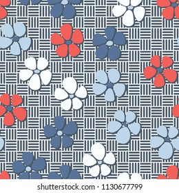 Seamless pattern. Flowers depicted in a hurry and are located chaotically. Against the background of a network of striped squares forming a chess texture.