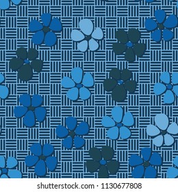 Seamless pattern. Flowers depicted in a hurry and are located chaotically. Against the background of a network of striped squares forming a chess texture.