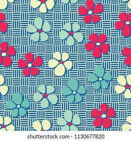 Seamless pattern. Flowers depicted in a hurry and are located chaotically. Against the background of a network of striped squares forming a chess texture.