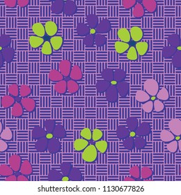 Seamless pattern. Flowers depicted in a hurry and are located chaotically. Against the background of a network of striped squares forming a chess texture.