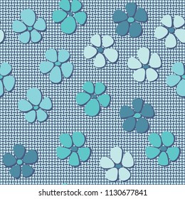 Seamless pattern. Flowers depicted in a hurry and are located chaotically.  Against the backdrop of a network of mutually perpendicular ovals.