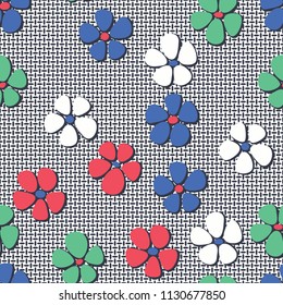 Seamless pattern. Flowers depicted in a hurry and are located chaotically.  Against the backdrop of a network of mutually perpendicular ovals.