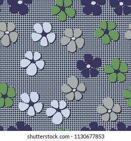 Seamless pattern. Flowers depicted in a hurry and are located chaotically.  Against the backdrop of a network of mutually perpendicular ovals.