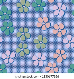 Seamless pattern. Flowers depicted in a hurry and are located chaotically.  Against the backdrop of a network of mutually perpendicular ovals.