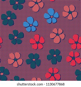 Seamless pattern. Flowers depicted in a hurry and are located chaotically.  Against the backdrop of a network of mutually perpendicular ovals.