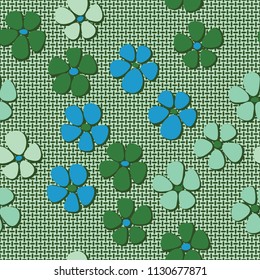 Seamless pattern. Flowers depicted in a hurry and are located chaotically.  Against the backdrop of a network of mutually perpendicular ovals.