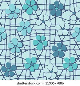 Seamless pattern. Flowers depicted in a hurry and are located chaotically. Against the background of a grid consisting of divided squares.