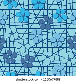 Seamless pattern. Flowers depicted in a hurry and are located chaotically. Against the background of a grid consisting of divided squares.