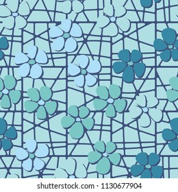 Seamless pattern. Flowers depicted in a hurry and are located chaotically. Against the background of a grid consisting of divided squares.