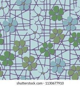 Seamless pattern. Flowers depicted in a hurry and are located chaotically. Against the background of a grid consisting of divided squares.