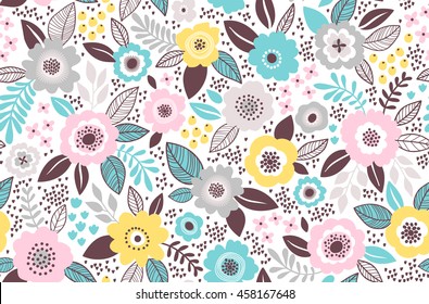 Seamless pattern with flowers for design. Small colorful multicolor flowers. White background. Modern floral background. The elegant the template for fashion prints.