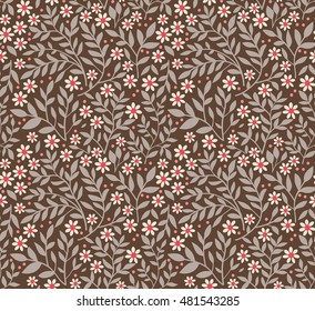 Seamless pattern with flowers for design. Small white flowers. Dark brown background. Modern floral background. The elegant the template for fashion prints.