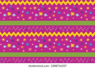 Seamless Pattern Flowers Diverse Creative Projects Perfect summer spring print children's fabrics Typography Tablecloths Scrapbooking Wallpaper Repeat Polka dots Green wavy lines Magenta elements Drop