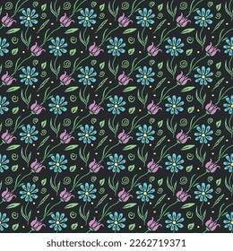 Seamless pattern with flowers. Doodle floral background. Spring pattern