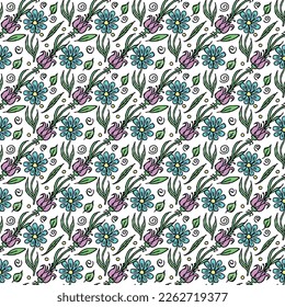 Patrón sin foco con flores. Fondo floral Doodle. Patrón de primavera
