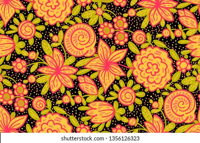 Seamless pattern  with flowers in doodle style. Vector illustration. 