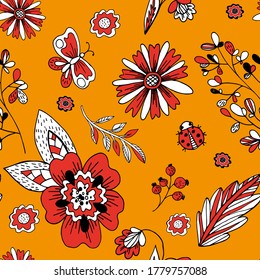 nahtlose Muster, Blumen im Doodstil, weiß und rot, auf orangefarbenem Hintergrund, Sommertextilien, Druck auf Papier und Stoff, Vektorgrafik