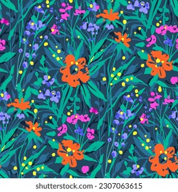 Seamless pattern  with flowers in doodle style. Vector illustration. 