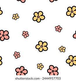 Seamless pattern of flowers in doodle style isolated on white background.