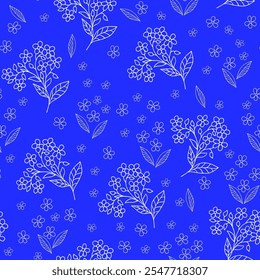 Seamless pattern of flowers in doodle style on a blue background. Vector illustration.