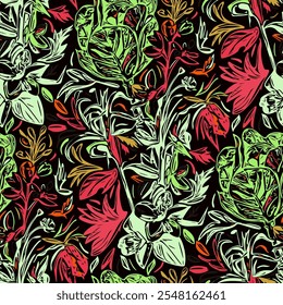 Padrão contínuo com flores em estilo doodle. Ilustração vetorial. 