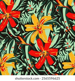 Seamless pattern  with flowers in doodle style. Vector illustration. 