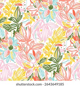 Patrón sin fisuras con flores en estilo doodle. Ilustración vectorial. 