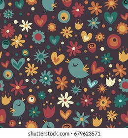 Seamless Pattern with Flowers, Dots, Birds and Hearts. Vector Illustration