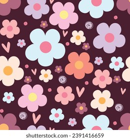 Seamless pattern with flowers , dots, and hearts in pastel colors on black background. Vector illustration.