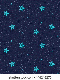 Seamless pattern with flowers and dots. Navy blue seamless pattern with little white flowers and dots. Dark blue floral background.