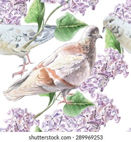 Seamless pattern with flowers and doves. Vector. Watercolor. Hand drawn.