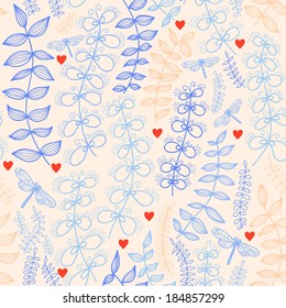 Seamless pattern with flowers dragonflies and hearts. Vector
