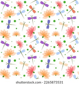 Seamless pattern with flowers and dragonflies on a white background. Drawing for fabric, textiles, wallpaper, scrapbooking, covers