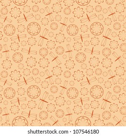 Seamless pattern of flowers and dragonflies. Vector illustration.