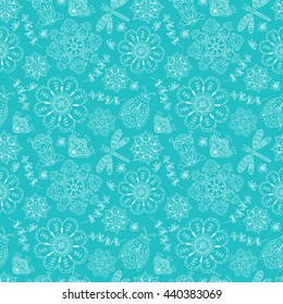 Seamless pattern with flowers, dragonfly and beetle. Floral doodles.