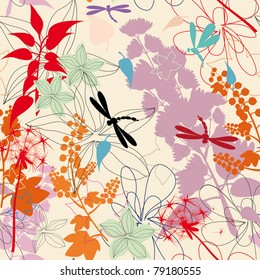 seamless pattern with flowers, dragonfly and fruits