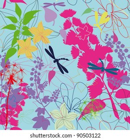 seamless pattern with flowers, dragonfly and fruits