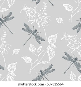 Seamless pattern  flowers and dragonfly. Hand drawn. Vector illustration.