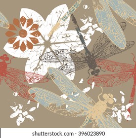 Seamless pattern with flowers and dragonfly's. Autumn template can be used for linen, tile, wallpaper, cover, design fabric and more creative ideas. Vector image.