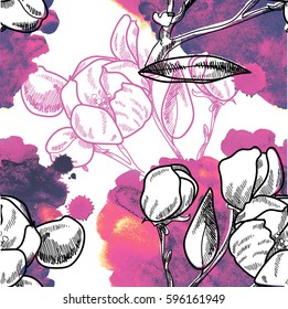 Seamless pattern with flowers. Drawing by hand in vintage style. Flowers on a branch. Stylish colorful background. Spots watercolor paint.
